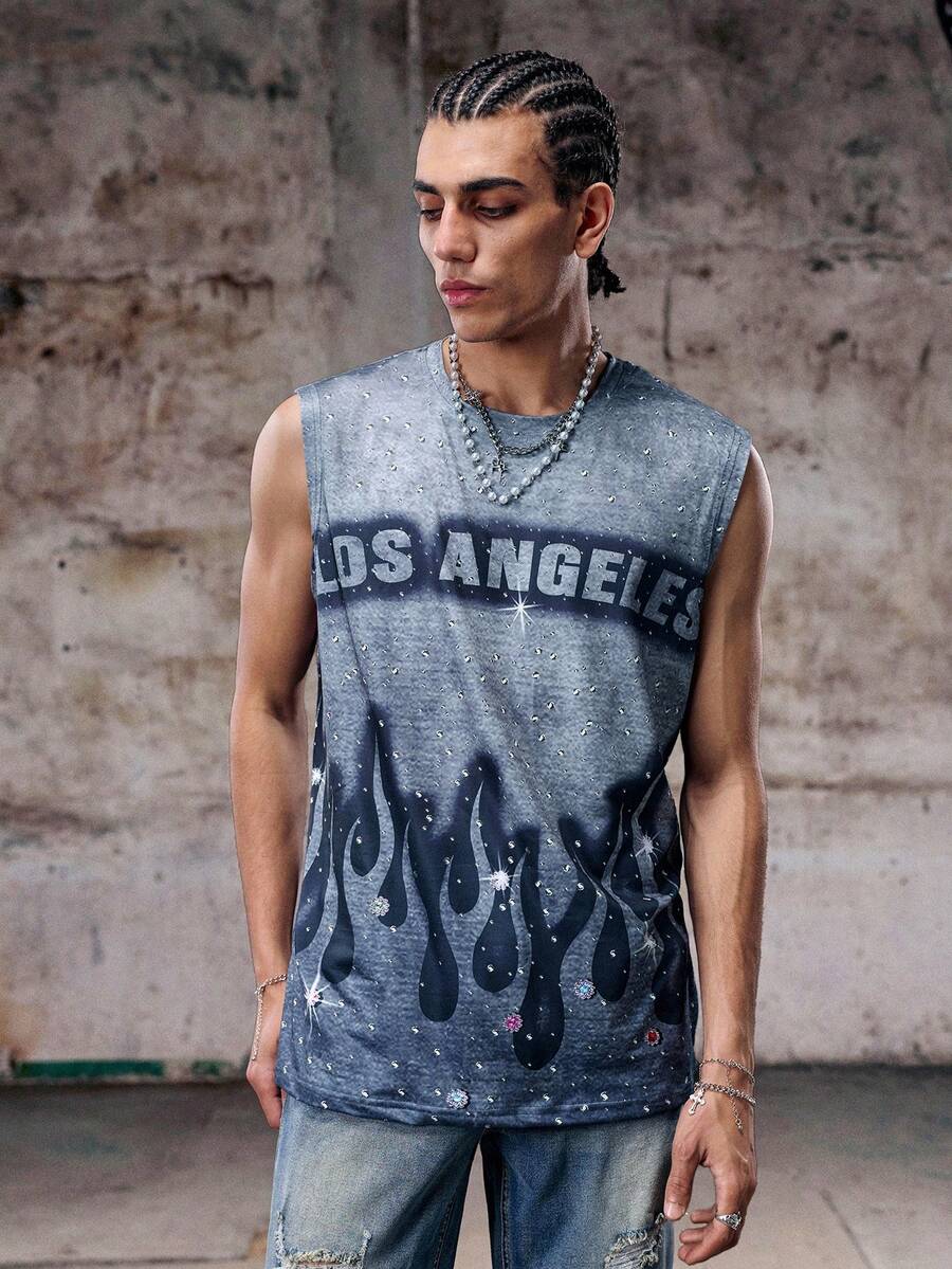 Skyrend 男士闪光街头火焰和水钻印花圆领背心，夏季无袖衬衫图案洛杉矶图案背心男士图案背心 - 彩色 - 查看 1