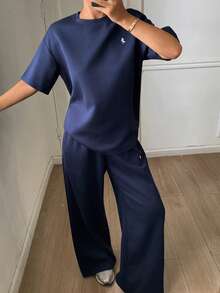 DAZY 2件套 女士休闲街头风宽松短袖T恤和直筒裤，春夏款 - 藏蓝色 - 查看 4