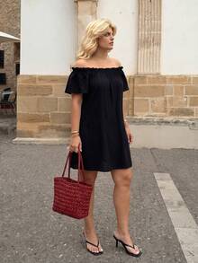 Dripcurv Femei Dimensiuni Plus Moda de primăvară și vară Casual Lejer Confortabil Cool Versatil Zilnic Un umăr Dezactivat Rochie scurtă neagră, ținute de vacanță, Ibiza, vară europeană, rochie de ceai, rochii de plajă pentru femei, ținute de brunch pentru femei - Negru - Vizualizare 5