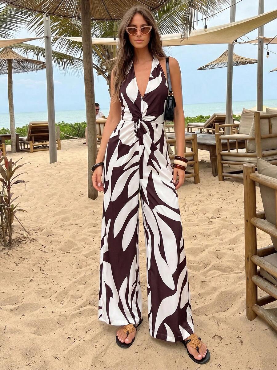 Firerie 女士优雅休闲度假沙滩波西米亚风V领扭腰露背抽象印花棕色连体裤，夏季