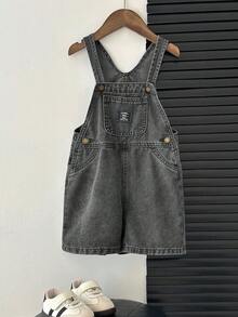 SHEIN Young BoyFitted Blue Denim Bib Shorts - Black - View 8