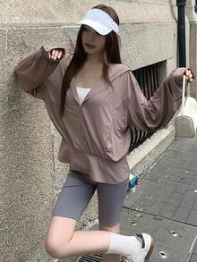 DAZY 女士休闲甜美文艺风连帽宽松度假时尚街头沙滩荷叶边拼接长袖外套轻薄户外防晒上衣，适合夏季、春季和秋季穿着 - 棕色 - 查看 4