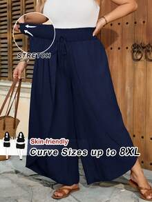 SHEIN CURVE+ Curve 尺码 US22 音乐节、海滨度假、波西米亚纯色时尚休闲宽松喇叭裤，适合夏季穿着 - 藏蓝色 - 查看 9