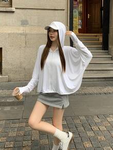 女士休闲连帽宽松轻薄长袖外套，适合春、夏、秋季穿着，甜美文艺风，时尚度假沙滩外套 - 白色 - 查看 6