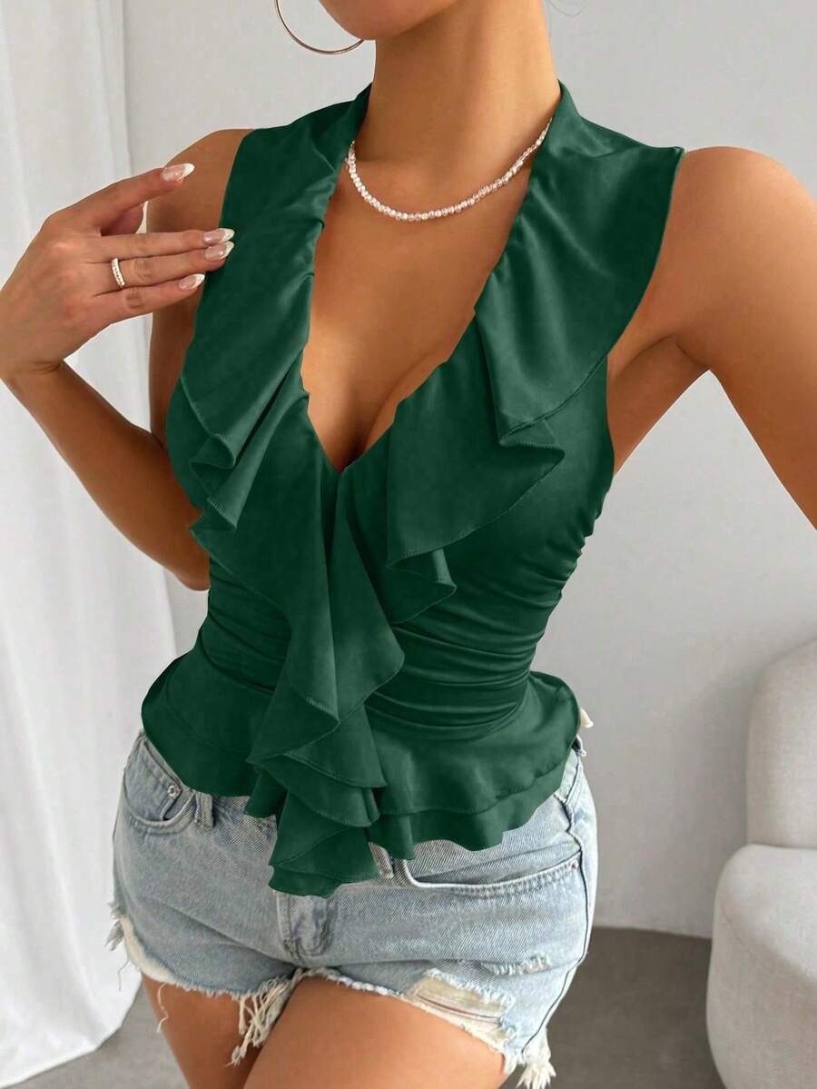 SHEIN Unity 女款夏季休閒優雅純色荷葉邊收腰背心上衣 - 墨綠色 - 查看 1