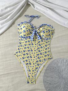 Swim Mod 2026年热销女士连体泳衣，适合泳池派对、春夏海滩穿着，甜美度假复古浪漫优雅风，无肩带条纹格纹荷叶边设计，可拆卸肩带，收腰提胸，随机花卉条纹格纹印花，波西米亚海滩俱乐部风格 - 淡黃色 - 查看 4