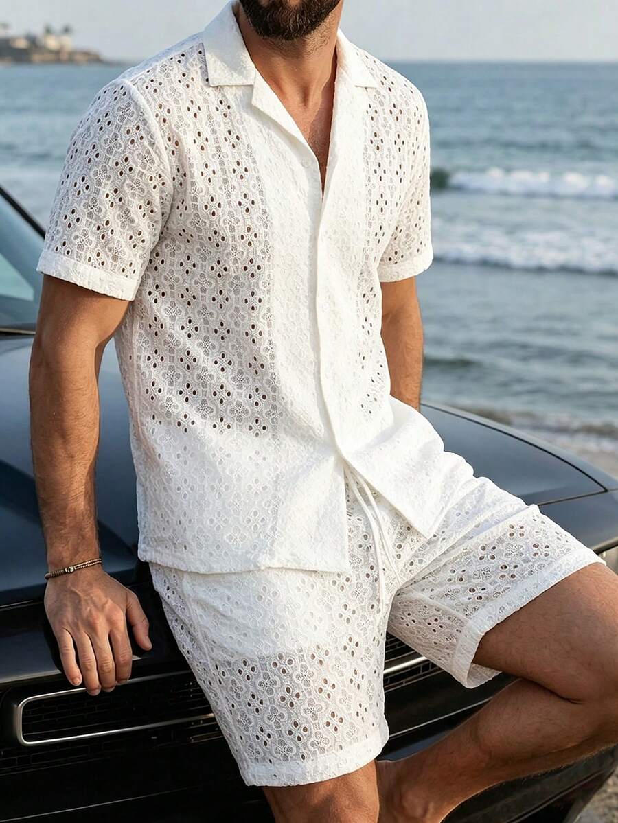 VENTUSAIL 男士度假针织提花印花短袖衬衫短裤套装，适合日常休闲、周末外出、朋友聚会、度假旅行及其他轻松的社交活动。这套衬衫是男士衣橱中不可或缺的百搭单品，也是送给男友或丈夫的绝佳礼物。 - 白色 - 查看 1