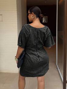 Dripcurv Plus Size Women V-Neck Batwing Short Sleeve Pleated Casual Denim Dress - Black - View 3