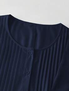 Linhara Plus Size Women Round Neck Button-Up Shirt, Spring/Summer - Navy Blue - View 6