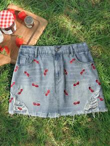 Comfortcana Plus Size Women's Light Blue Distressed Cherry Embroidery Denim Mini Skirt,Cute Summer Vacation Beach Holiday Festival Country Concert - Medium Wash - View 5