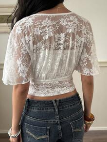 DAZY Áo croptop ren xuyên thấu gợi cảm dành cho nữ, thích hợp cho mùa hè. - trắng - Xem 2