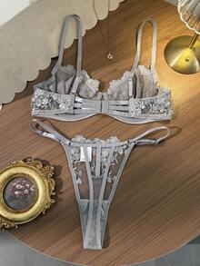 Myrelith 2pcs Mesh Embroidered Women's Lingerie Set - Grey - View 2