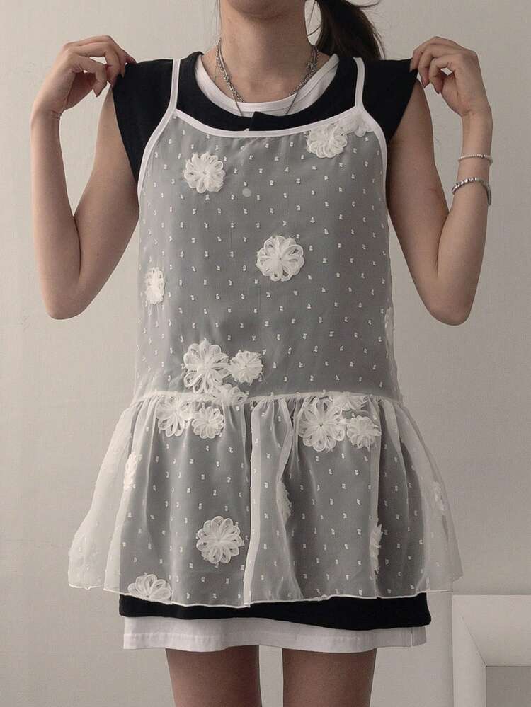 Women 3D Floral Decor Mesh Ruffle Hem Camisole Summer