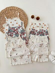 8pcs/Set Baby Girl Casual Solid Color Knit Camisole Top And Shorts Set - Multicolor - View 2