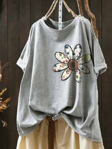 EMERY ROSE 大码女装夏季新品返校教师节雏菊花卉休闲运动户外办公家居服大码T恤 - 淺灰色 - 查看 1