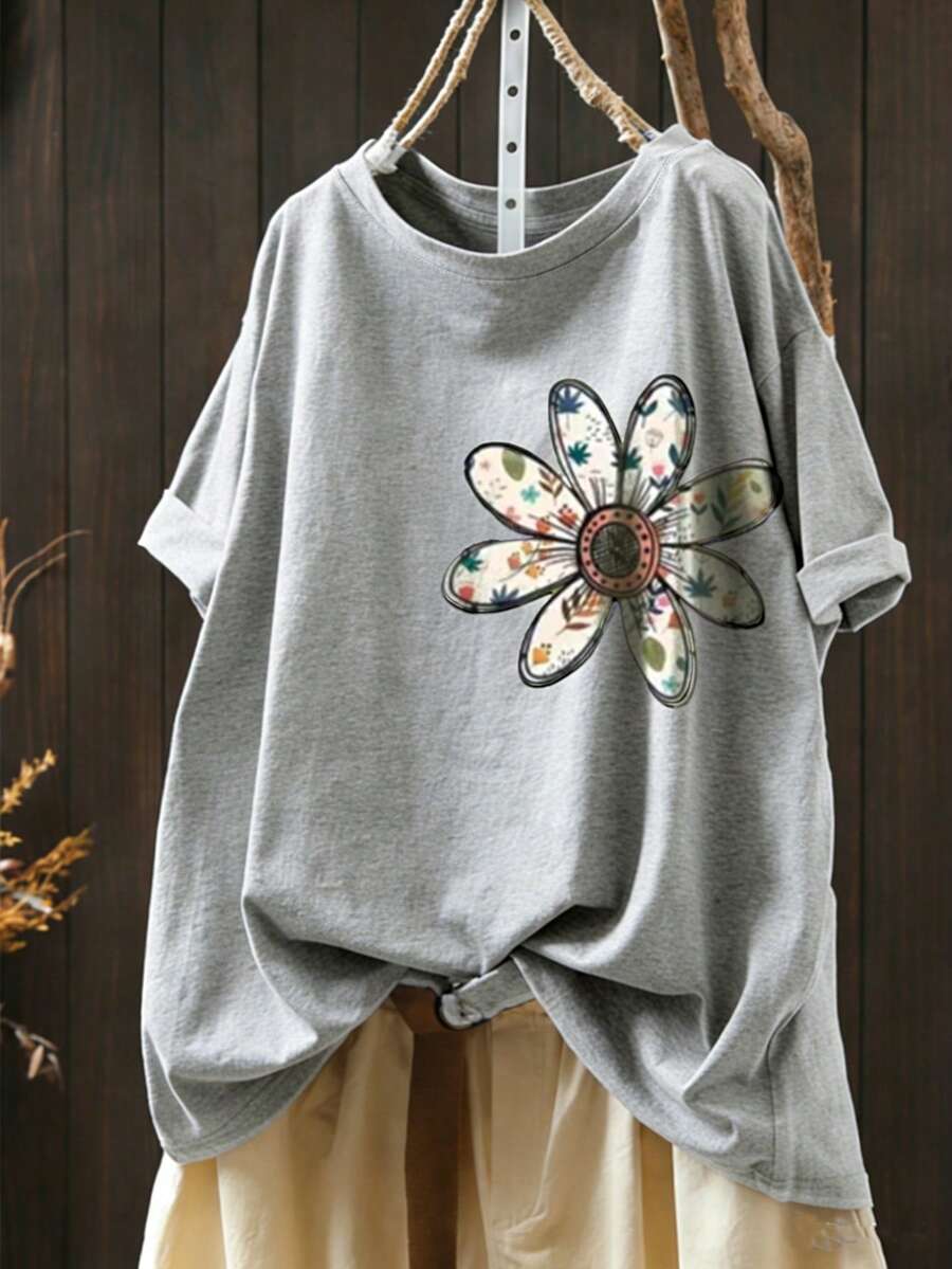 EMERY ROSE 大码女装夏季新品返校教师节雏菊花卉休闲运动户外办公家居服大码T恤 - 淺灰色 - 查看 1