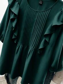 GlowEve CURVE Plus Size Women Solid Color Ruffle Hem Pleated Loose Blouse - Dark Green - View 5