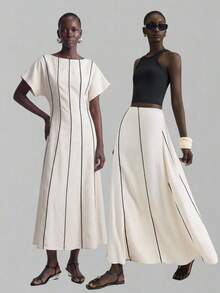 Ontre Women's Natural Linen Midi Summer Dresses,Black And White Striped,Summer,Chic,Tea Party,Off Shoulder 3/4 Sleeve Waist Cinched Bohemian Vacation Dress - Khaki - View 7