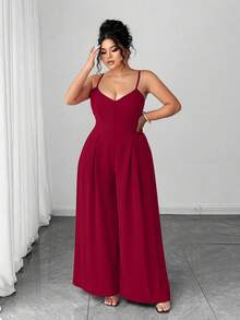 SHEIN CURVE+ Plus Size Women's Elegant Pleated Waist Wide Leg Jumpsuit, Spring/Summer - Burgundy - View 7