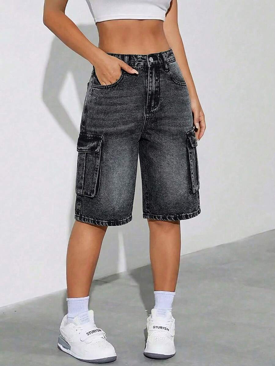 SHEIN 少女宽松黑色牛仔工装短裤 - 黑色 - 查看 1