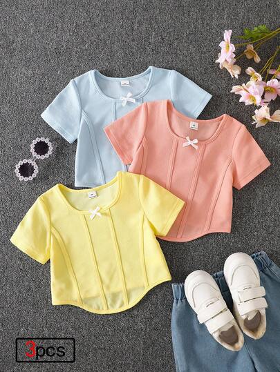 Young Girls 4-7Y Summer Solid Color Rib-Knit Short Sleeve T-Shirt Cute Bow Front Corset Style Top Fishbone Texture Ruched Slim Fit Tee Soft Breathable Casual Daily Wear Pastels Blue Pink Yellow Stylish Kids Clothing For School Vacation Party High Quality Basic Outfits