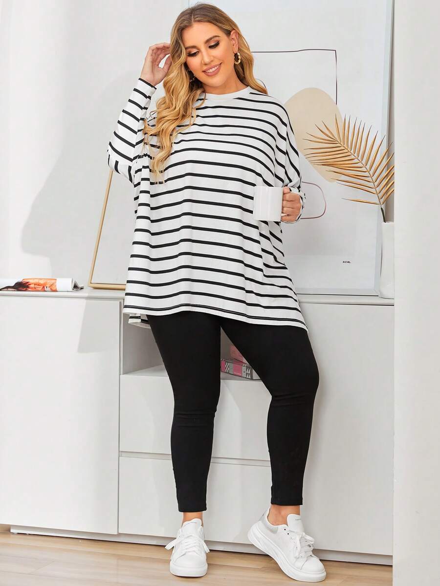 Mulvari Plus Striped Print Dolman Sleeve Split Hem Tee