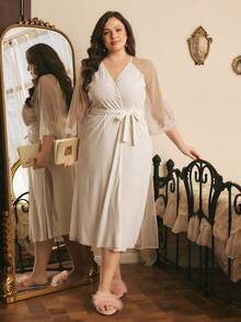 Côtesoire French Elegant Romantic Polka Dot Mesh Flare Sleeve Embroidered Lace Patchwork Knit Tie-Waist White Plus Size Robe - White - View 6