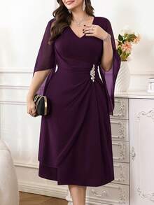 Reflora Vestido de mujer talla grande de unicolor y cuello en V elegante - Morado - Ver 6