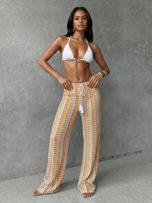 SHEIN Swim Chicsea 女士夏季沙滩波西米亚风钩编蕾丝镂空条纹图案优雅时尚阔腿直筒流苏系带度假罩衫及休闲裤 - 彩色 - 查看 6