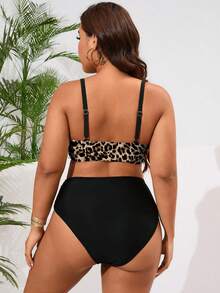 Swim Lushoire Bộ đồ bơi 2 mảnh cỡ lớn mới năm 2026, màu trơn và thiết kế phối họa tiết da báo, dây đeo vai có thể điều chỉnh, quần cạp cao, đồ bơi gợi cảm và thanh lịch cho kỳ nghỉ biển. - màu đen - Xem 2
