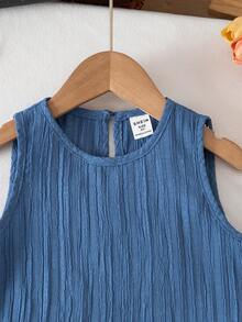 2pcs Young Girl Woven Solid Color Round Neck Casual Vest And Shorts Set - Blue - View 9