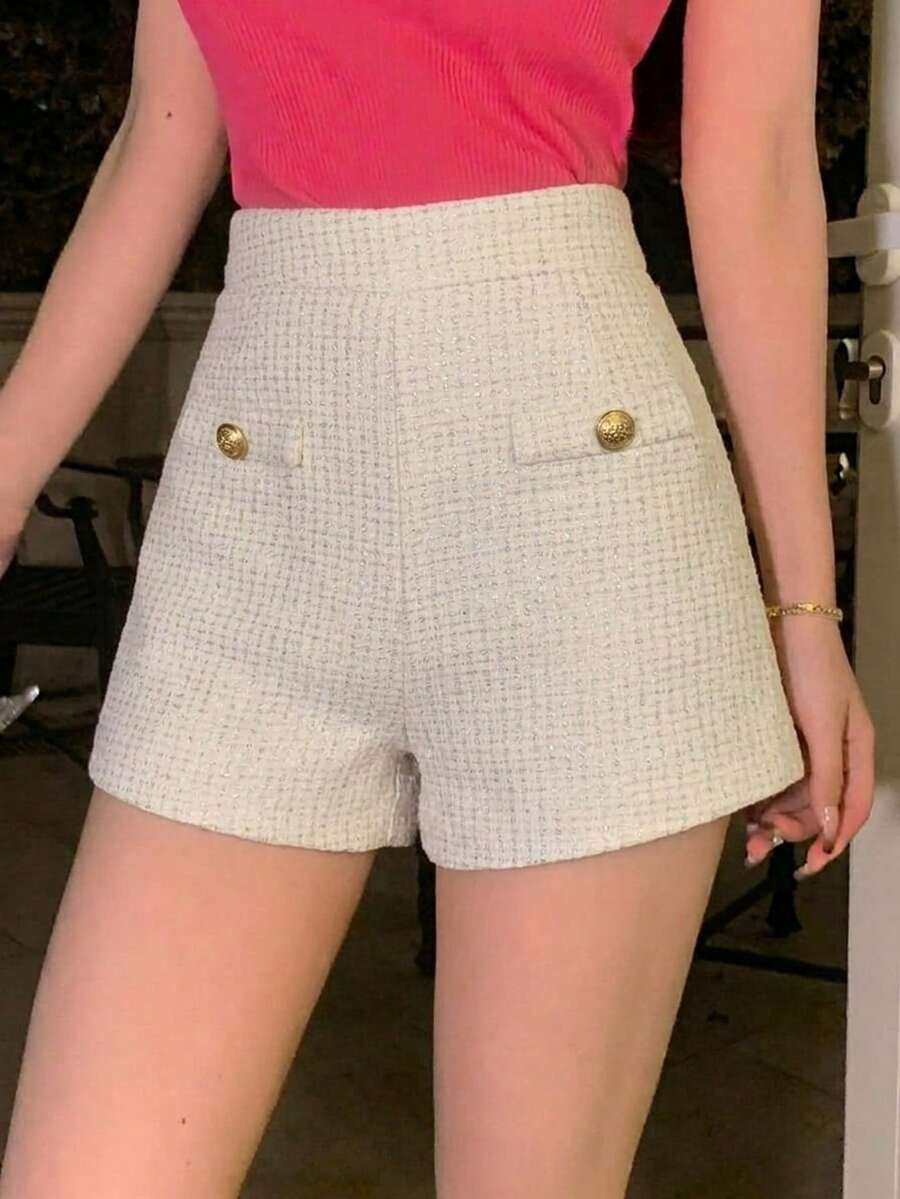 DAZY Women's Elegant Button Decor High Waist Shorts, Suitable For Commuting In Summer - Beige - View 1