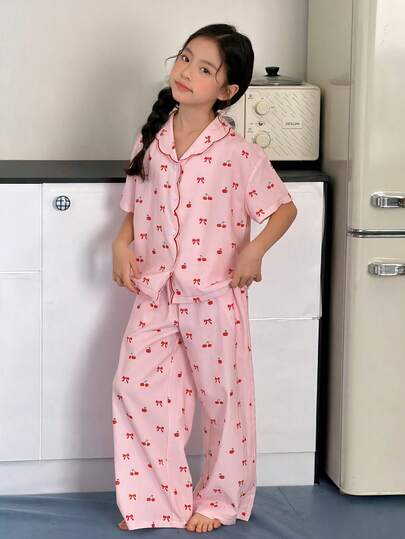 DAZY Tween Girls Collared Printed Contrast Color Short Sleeve Top + Loose Pants Pajama Set