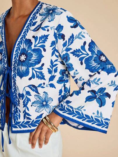 Travachic Women's Vacation Blue & White Floral Print Front Tie Flare Sleeve Shirt