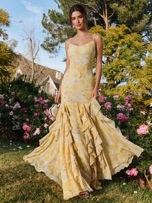 Enchnt Women's Floral Print Patchwork Ruffle Hem Elegant Camisole Dress, Suitable For Vacation,Summer Dress , Easter Dress Women ,Beach Dress ,Wedding Guest Dress For Women,Graduation Dress , Elegant Dresses, Formal Dress,Floral Dresses,Summer Dresses For Women - Yellow - View 8