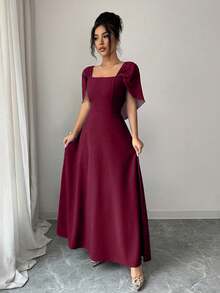 Modelyn Women's Square Neck Waist Gathered A-Line Long Dress, Elegant Romantic Everyday Wear - Burgundy - View 4