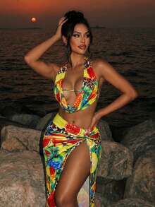 Swim SXY Falda de cintura alta con nudo retorcido con estampado de frutas tropicales y leopardo, falda ajustado con abertura, elegante para vacaciones, nuevo conjunto de alta gama para primavera/verano - Multicolor - Ver 1