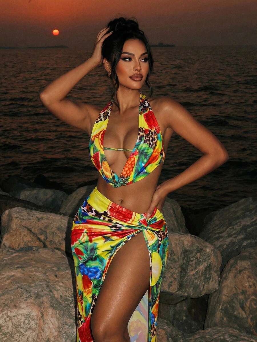 Swim SXY Falda de cintura alta con nudo retorcido con estampado de frutas tropicales y leopardo, falda ajustado con abertura, elegante para vacaciones, nuevo conjunto de alta gama para primavera/verano - Multicolor - Ver 1
