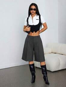 SHEIN PETITE 春季簡約通勤灰色百慕達短褲，適合女性與嬌小女性 - 深灰色 - 查看 4