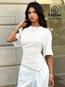 Camiseta casual y versátil de mujer en color marrón, camiseta de verano, camiseta de cuello redondo, camiseta asimétrica con cintura ceñida - Blanco - Ver 5