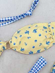 Bộ bikini nữ cổ yếm, họa tiết ngẫu nhiên, đính vòng trang trí, cạp cao, thích hợp cho mùa xuân/hè. - Nhiều màu - Xem 3
