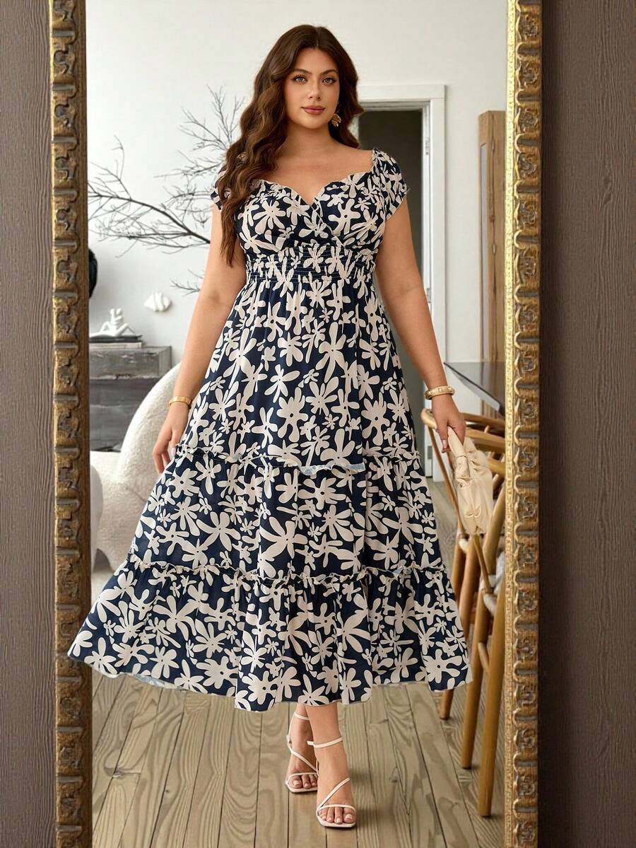 Ceyna Plus Size Colorful Print Casual Boho Vacation Multi-Tier Ruffle Hem Dress Latest Style For Women French Pure Cotton Navy Blue Summer - Multicolor - View 1