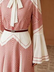 Anewsta Striped Flare Sleeve Tie Waist Design Women Long Dress - Red - View 2