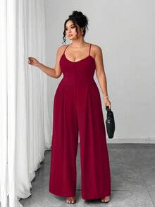 SHEIN CURVE+ Plus Size Women's Elegant Pleated Waist Wide Leg Jumpsuit, Spring/Summer - Burgundy - View 8