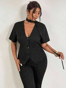 Firerie Plus Size Summer Simple Front Button Short Sleeve Suit Jacket Business Casual Women Plus Size Business Casual Women With Beautiful Curves Fall/Winter - Black - View 3