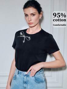 Women's Rhinestone Bow Graphic Round Neck Short Sleeve Casual T-Shirt - Black - View 1