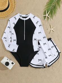 SHEIN Bộ đồ bơi liền thân dài tay có khóa kéo, màu đen trắng cổ điển, kín đáo dành cho nữ tuổi teen, kèm quần short, thời trang thanh lịch, phù hợp cho bơi lội, kỳ nghỉ hè, bãi biển, hồ bơi. - Đen và trắng - Xem 1