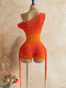 Soleia 女士夏季度假沙滩渐变不对称领连体裤 - 橘色 - 查看 2