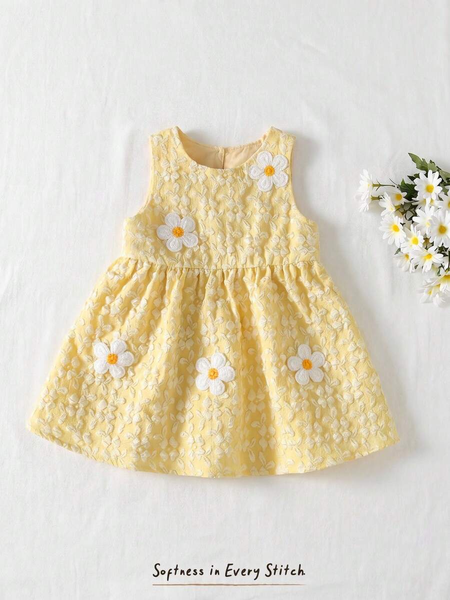 Cozy Pixies 女婴/幼儿女童黄色花卉提花纹理连衣裙,饰以白色花卉贴花,圆领无袖,柔软内衬,双层下摆,收腰设计,可爱甜美,百搭舒适,优雅小礼服 - 黃色 - 查看 1
