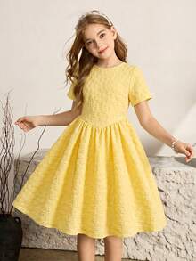 Girls' White Mesh Floral Embroidered Dress, Spring/Summer, Flower Girl Dress For Wedding, Birthday Party, Polyester Non-Stretch Lightweight Mid-Length Short Sleeve Dress - Yellow - View 4